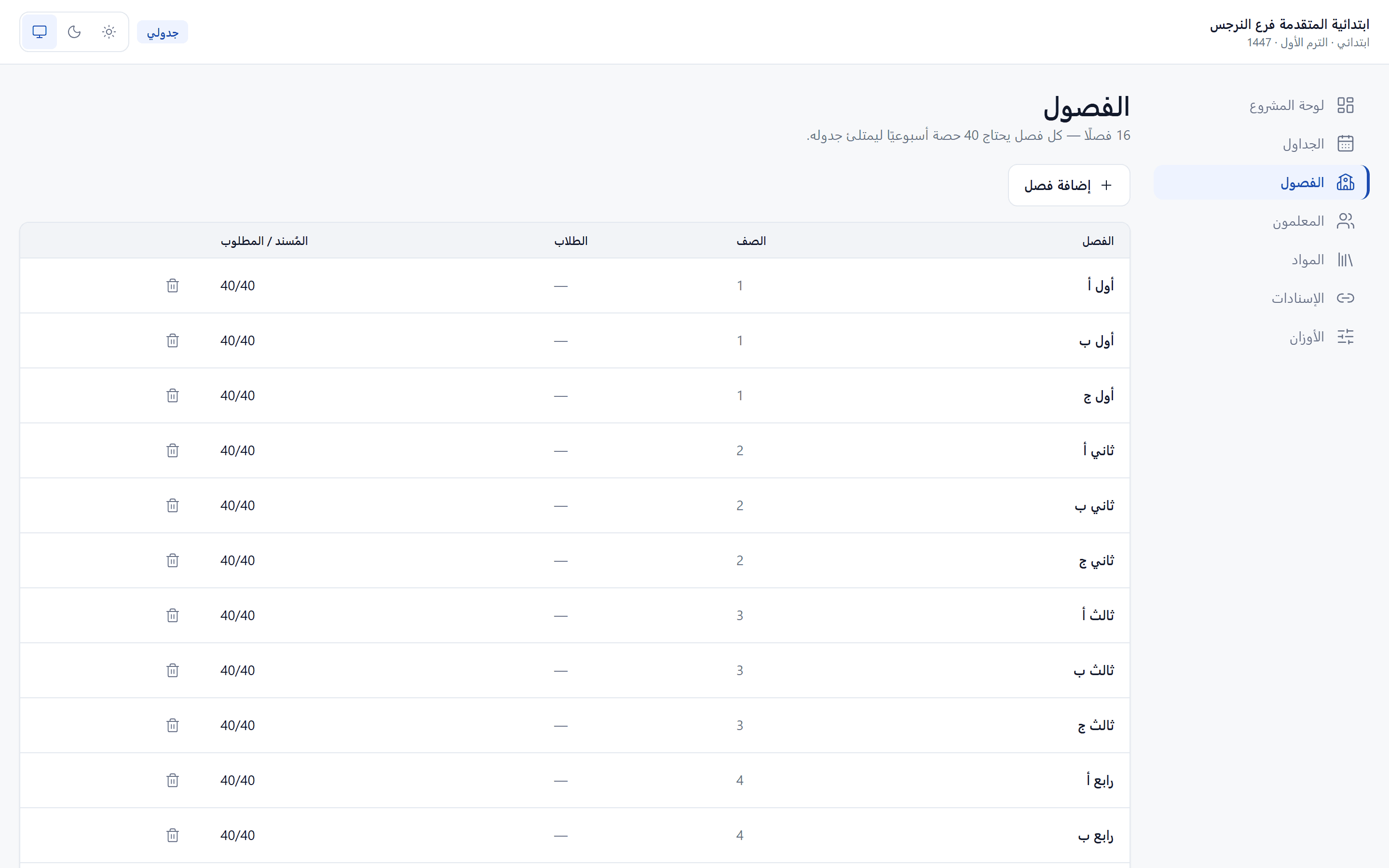 صفحة الفصول